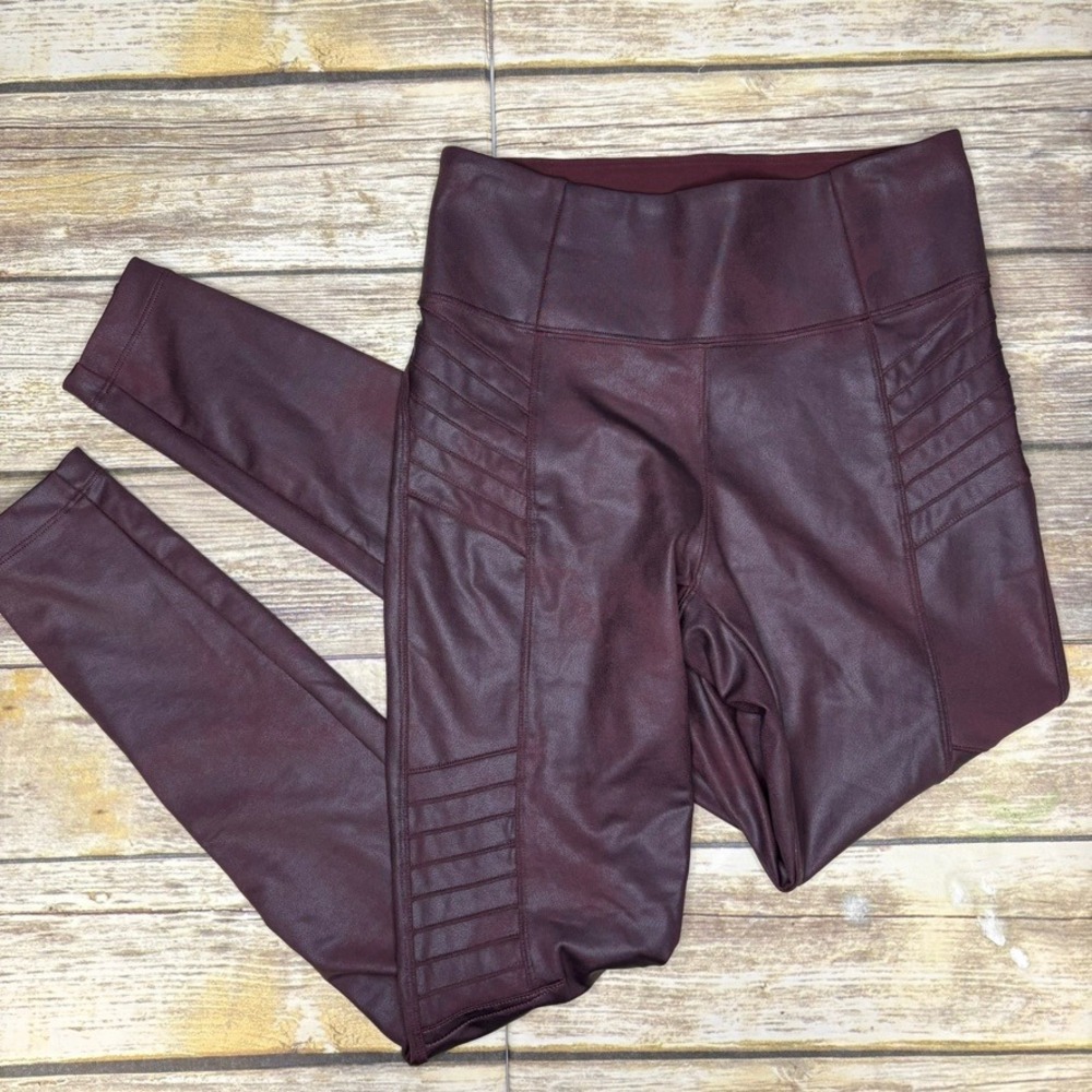Athleta Delancey Gleam Moto Tight Purple Faux Leather Biker Zip Ankle Womens XS